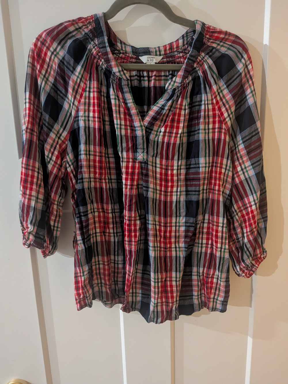 Crown & Ivy Womens L Red & Navy Plaid Blouse 3/4 Sleeves